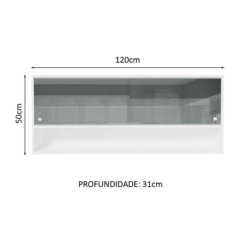 Armário Aéreo 120cm 2 Portas Correr Vidro Neutral 1 Nicho Branco para Cozinhas Glamy, Lux e Reims Madesa