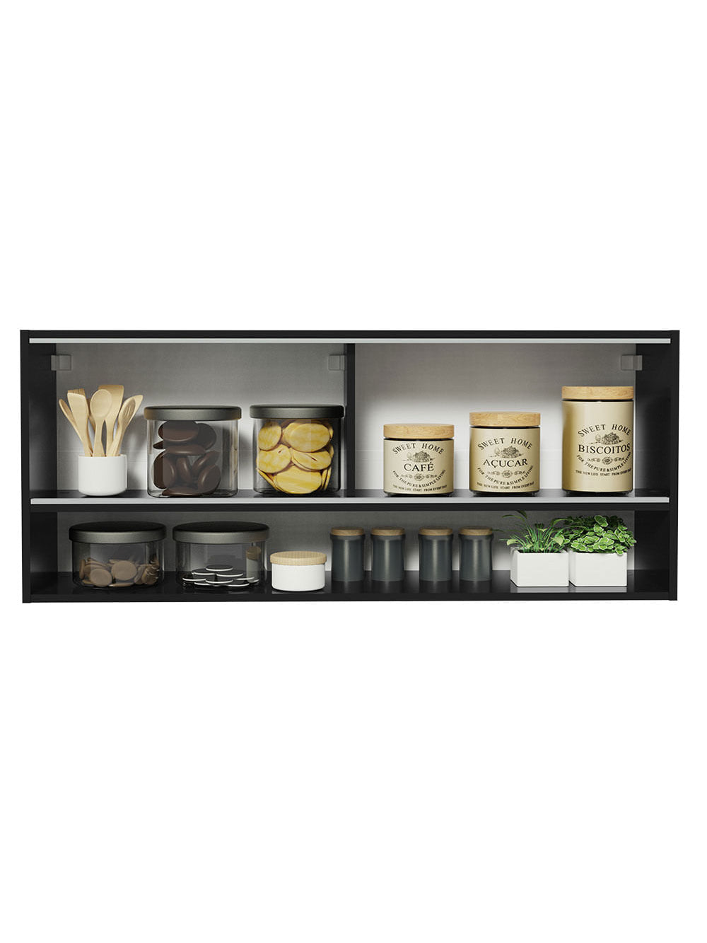 Armário Aéreo 120cm 2 Portas Correr Vidro Neutral 1 Nicho Preto Reims Madesa