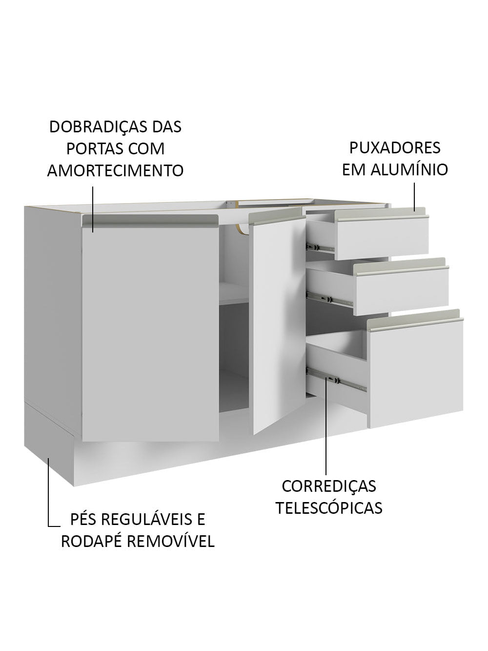 Armário Gabinete para Banheiro 120cm 2 Portas 3 Gavetas Branco Madesa