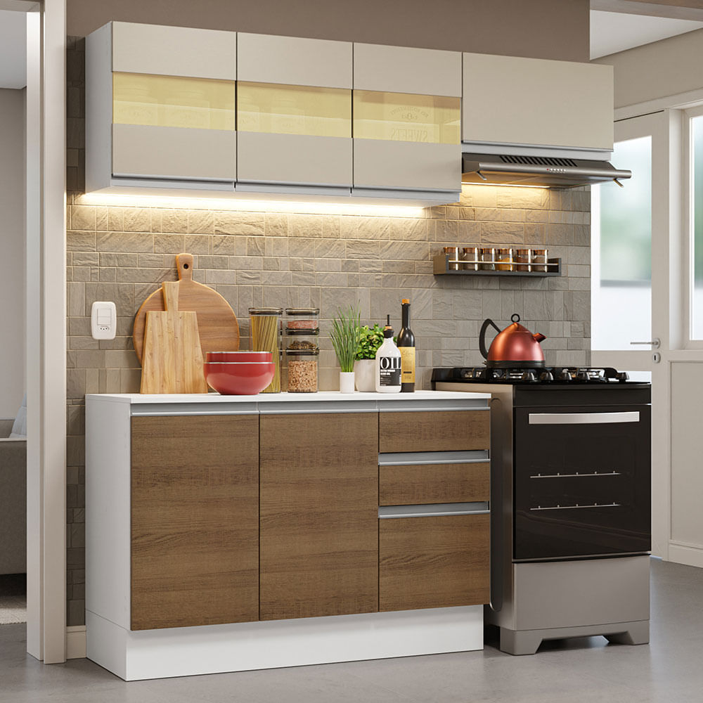 Armário de Cozinha Compacta 100% MDF 180cm Branco/Rustic/Crema Smart Madesa 02 - Branco/Rustic/Crema