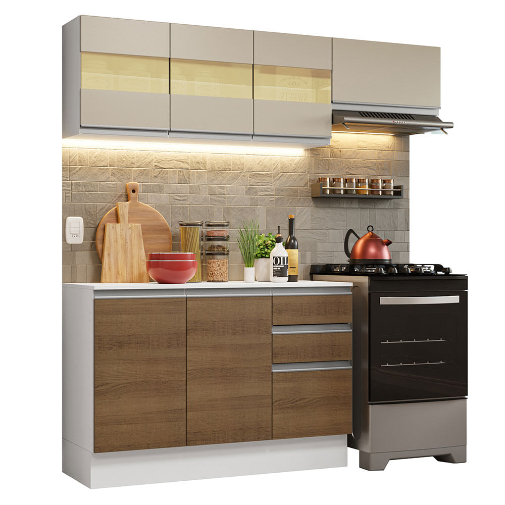 Armário de Cozinha Compacta 100% MDF 180cm Branco/Rustic/Crema Smart Madesa 02 - Branco/Rustic/Crema