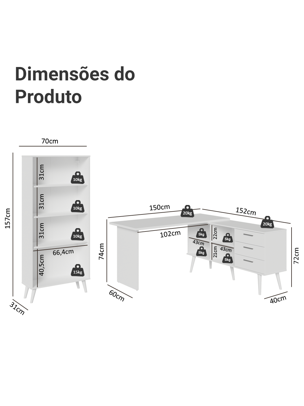 Kit 2 Peças com Escrivaninha em L 3 Gavetas e Armário Multiuso com Vidro Branco Madesa