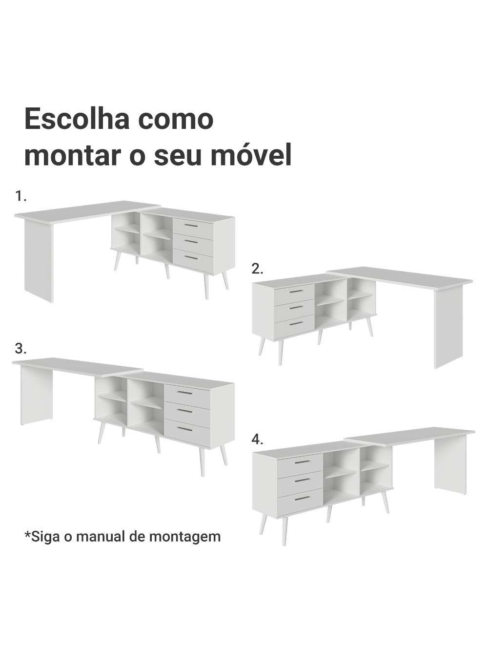 Kit 2 Peças com Escrivaninha em L 3 Gavetas e Armário Multiuso com Vidro Branco Madesa