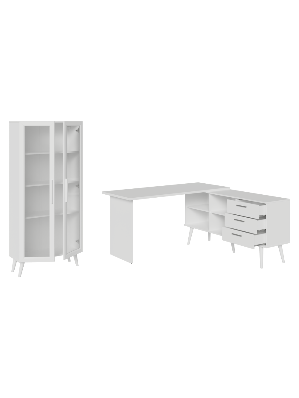 Kit 2 Peças com Escrivaninha em L 3 Gavetas e Armário Multiuso com Vidro Branco Madesa