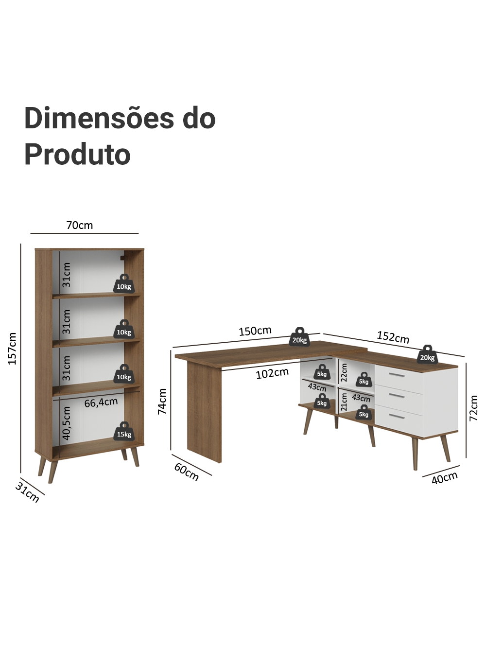 Kit 2 Peças com Escrivaninha em L 3 Gavetas e Armário Multiuso com Vidro Rustic/Branco Madesa