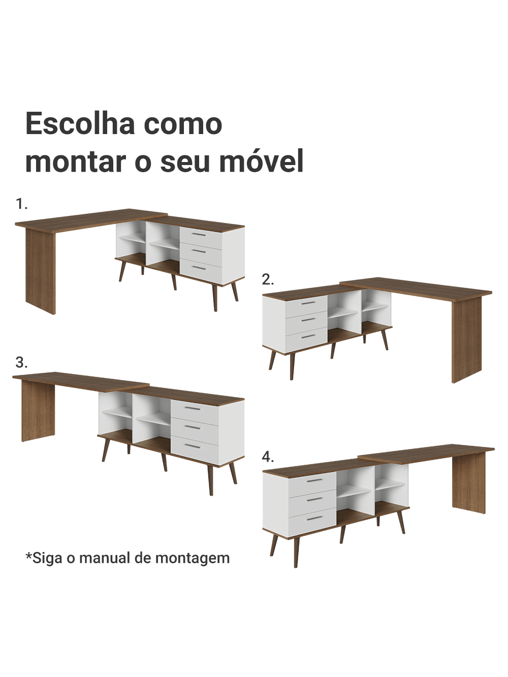 Kit 2 Peças com Escrivaninha em L 3 Gavetas e Armário Multiuso com Vidro Rustic/Branco Madesa