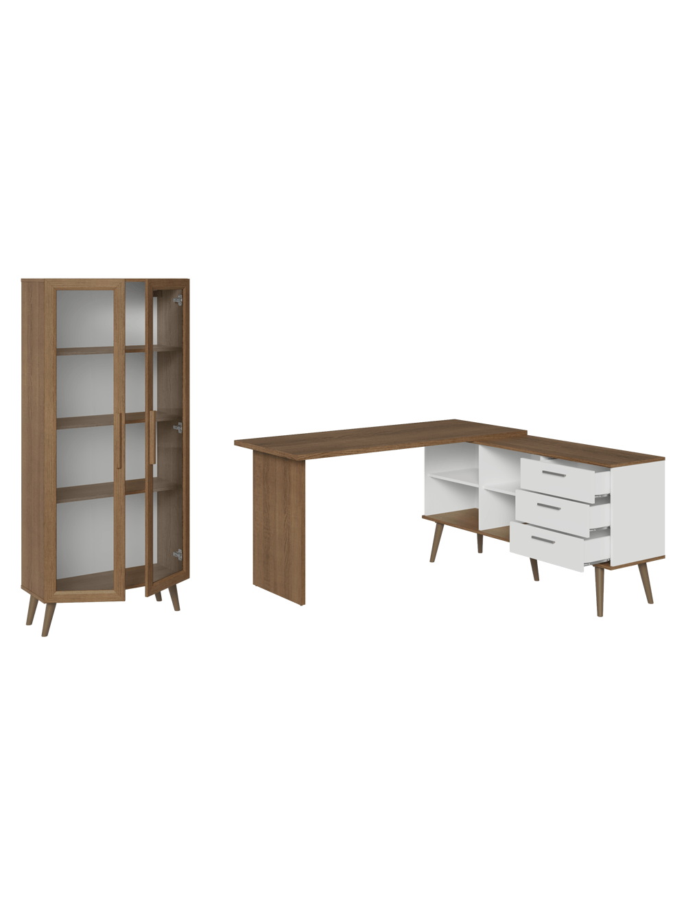 Kit 2 Peças com Escrivaninha em L 3 Gavetas e Armário Multiuso com Vidro Rustic/Branco Madesa