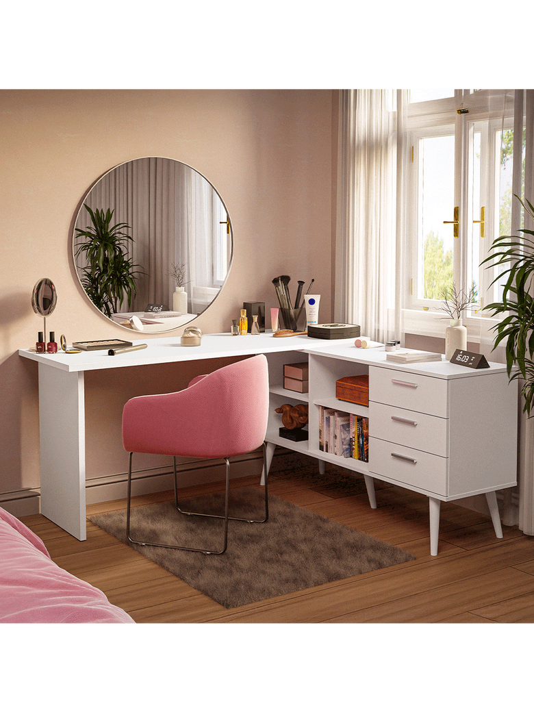 Escrivaninha Penteadeira de Canto 3 Gavetas Branco Madesa