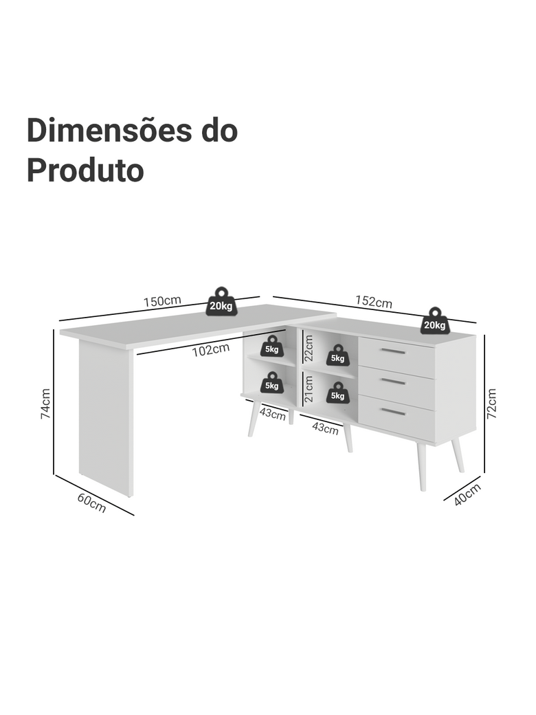 Escrivaninha Penteadeira de Canto 3 Gavetas Branco Madesa