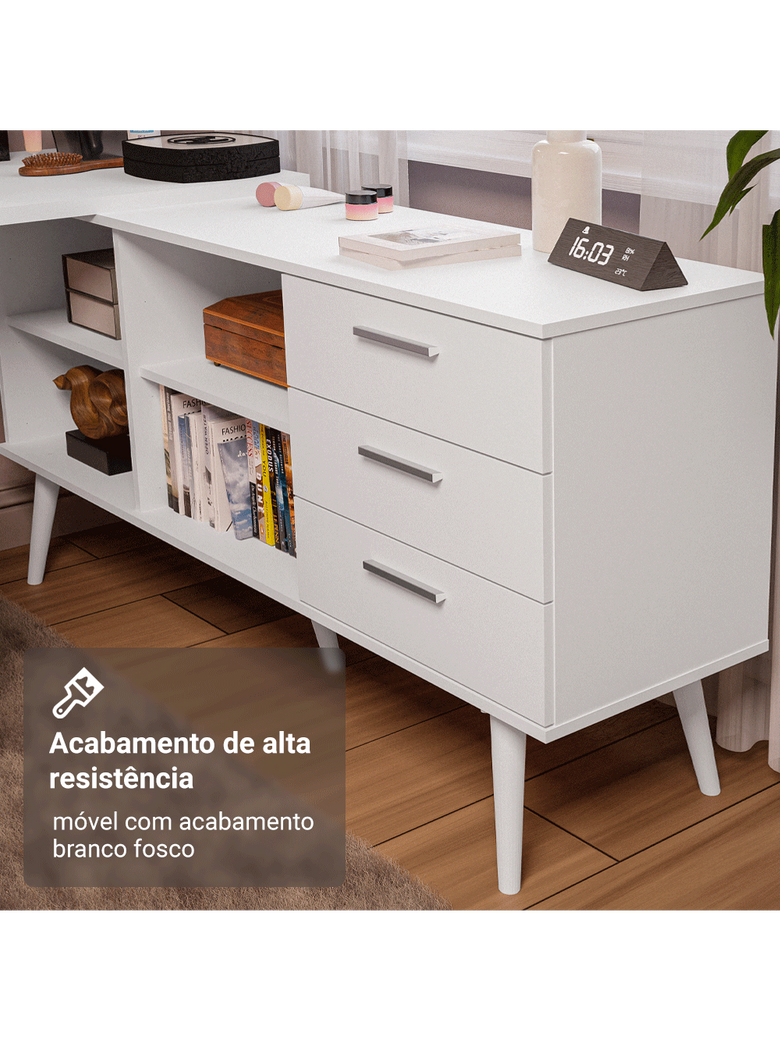 Escrivaninha Penteadeira de Canto 3 Gavetas Branco Madesa