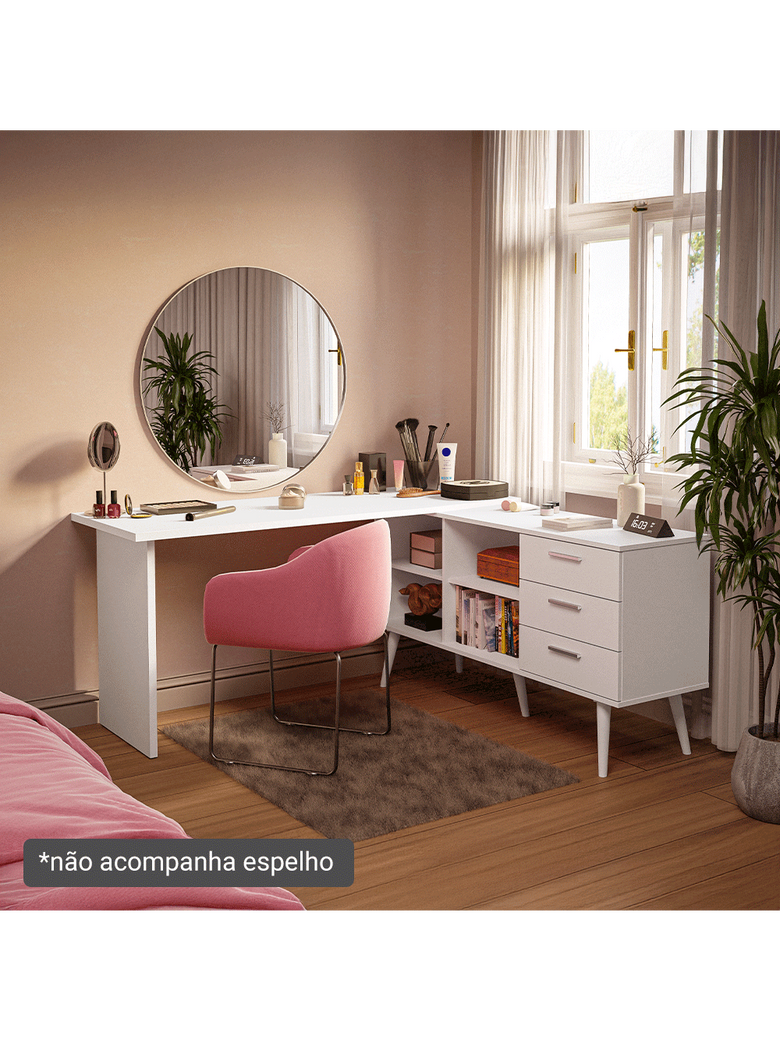 Escrivaninha Penteadeira de Canto 3 Gavetas Branco Madesa