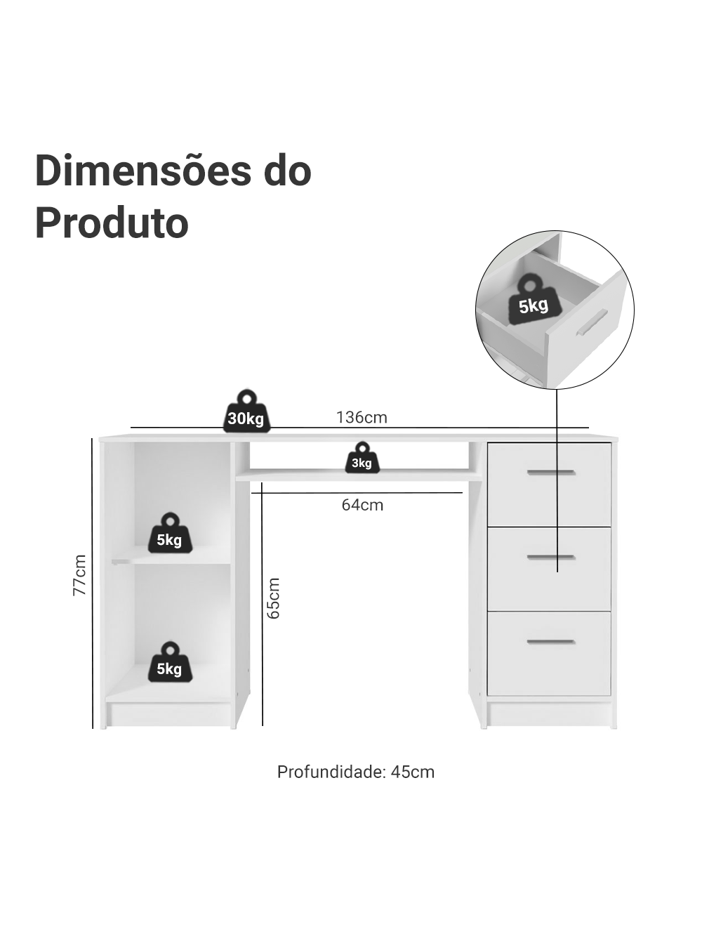 Escrivaninha Penteadeira 136cm 1 Porta 3 Gavetas Branco Madesa