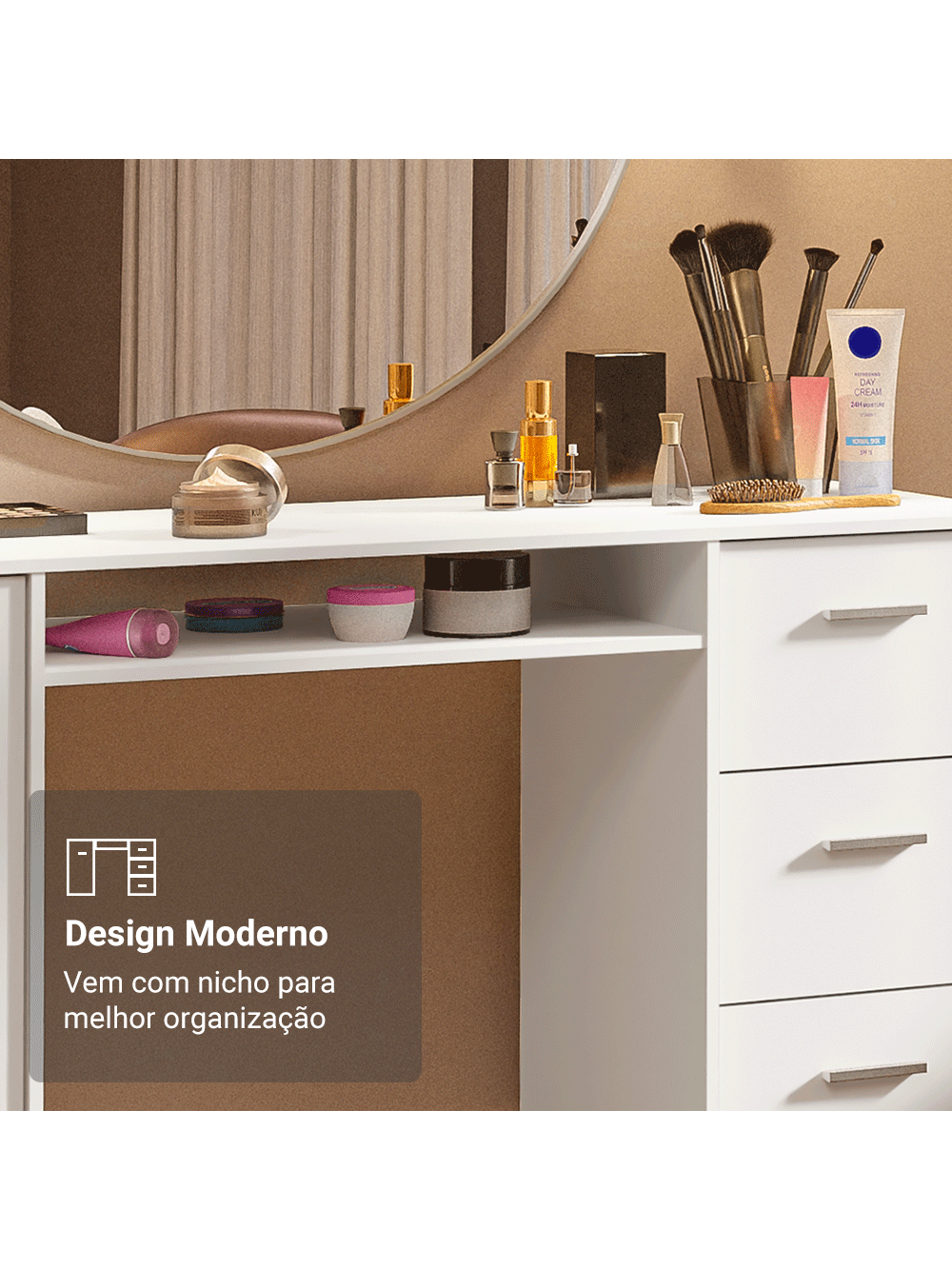 Escrivaninha Penteadeira 136cm 1 Porta 3 Gavetas Branco Madesa