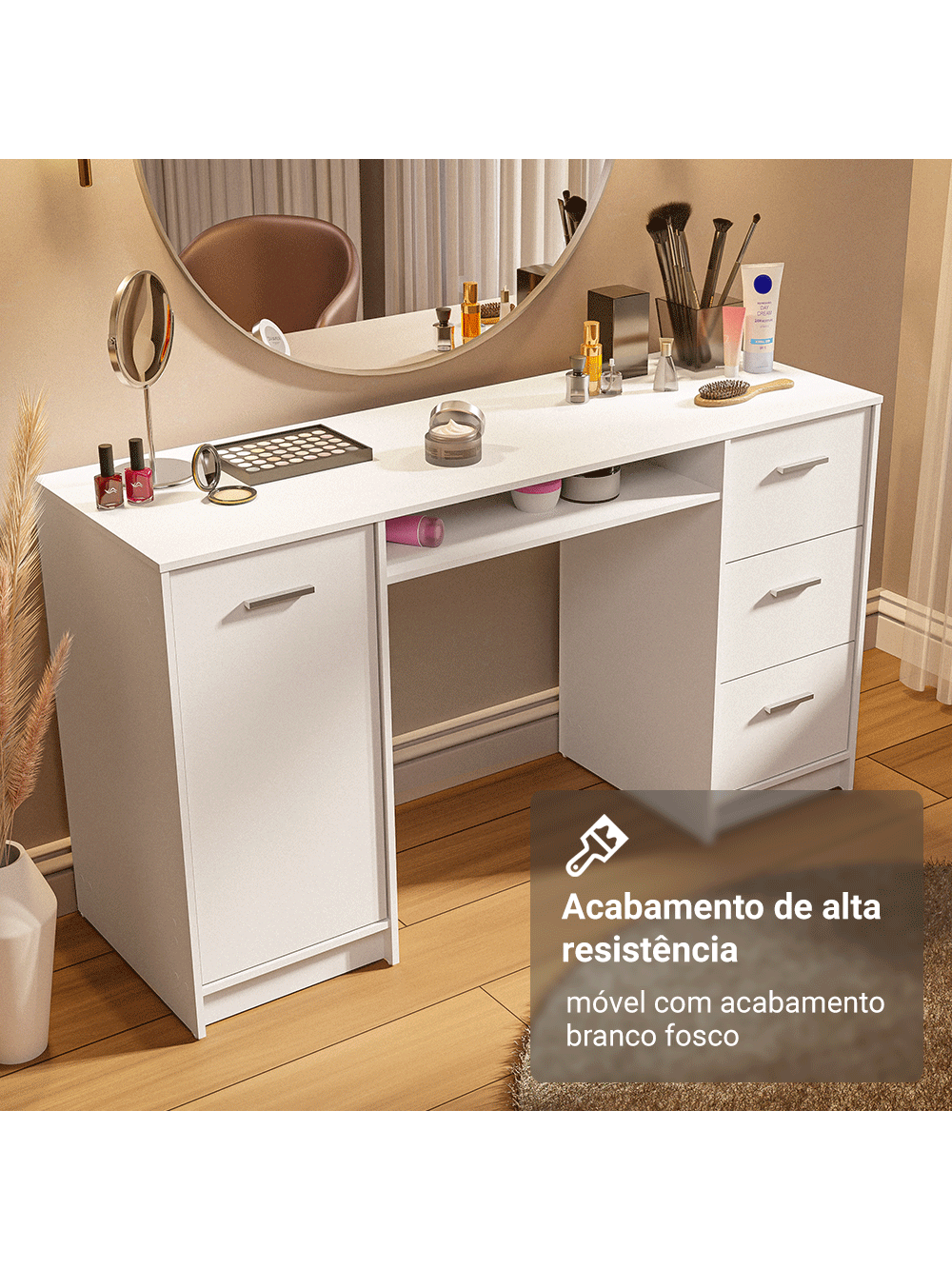 Escrivaninha Penteadeira 136cm 1 Porta 3 Gavetas Branco Madesa