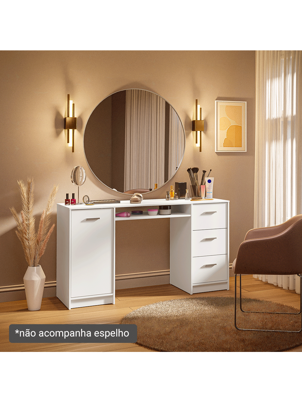 Escrivaninha Penteadeira 136cm 1 Porta 3 Gavetas Branco Madesa