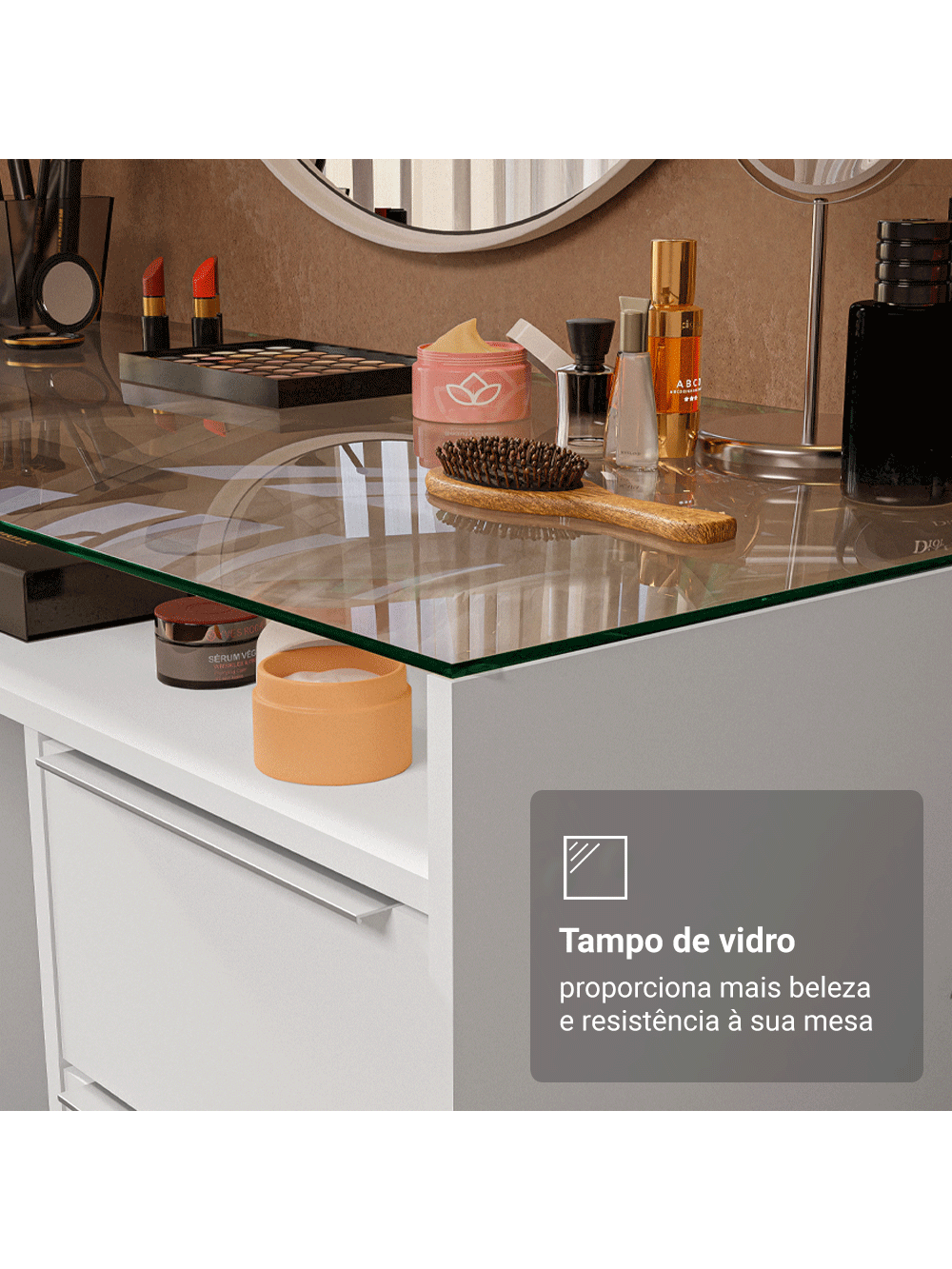 Escrivaninha Penteadeira 136cm 1 Porta 3 Gavetas Tampo de Vidro Branco Madesa