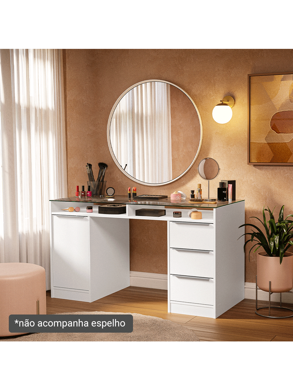 Escrivaninha Penteadeira 136cm 1 Porta 3 Gavetas Tampo de Vidro Branco Madesa