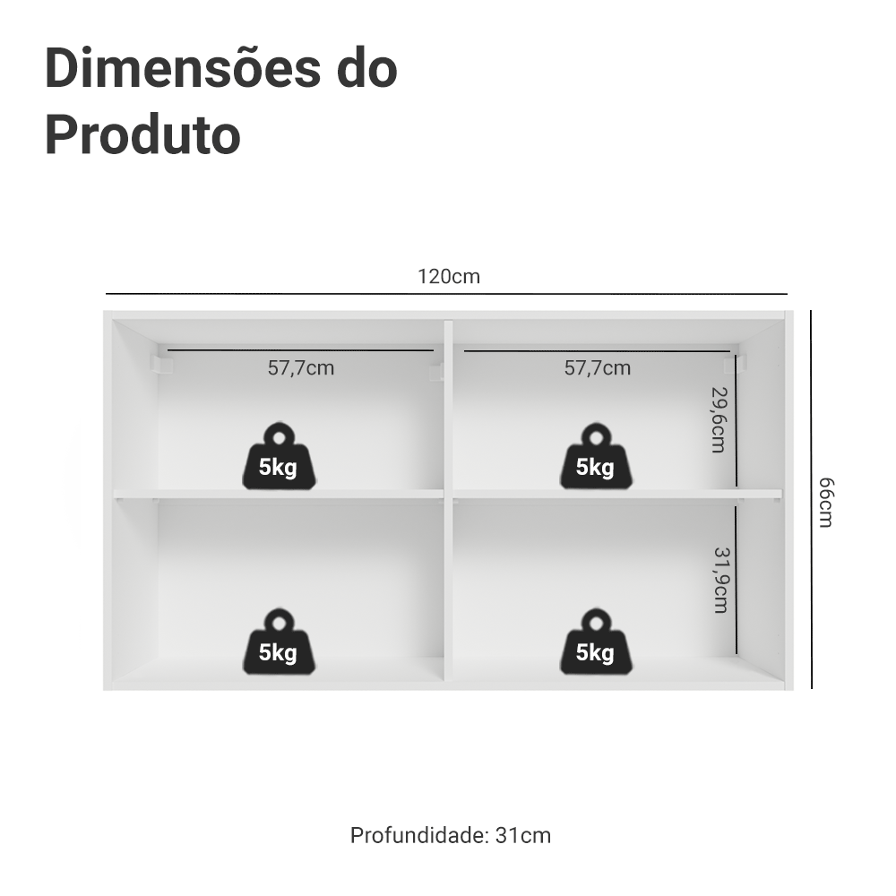 Armário Aéreo 120 cm 2 Portas Branco Vik Madesa - Branco