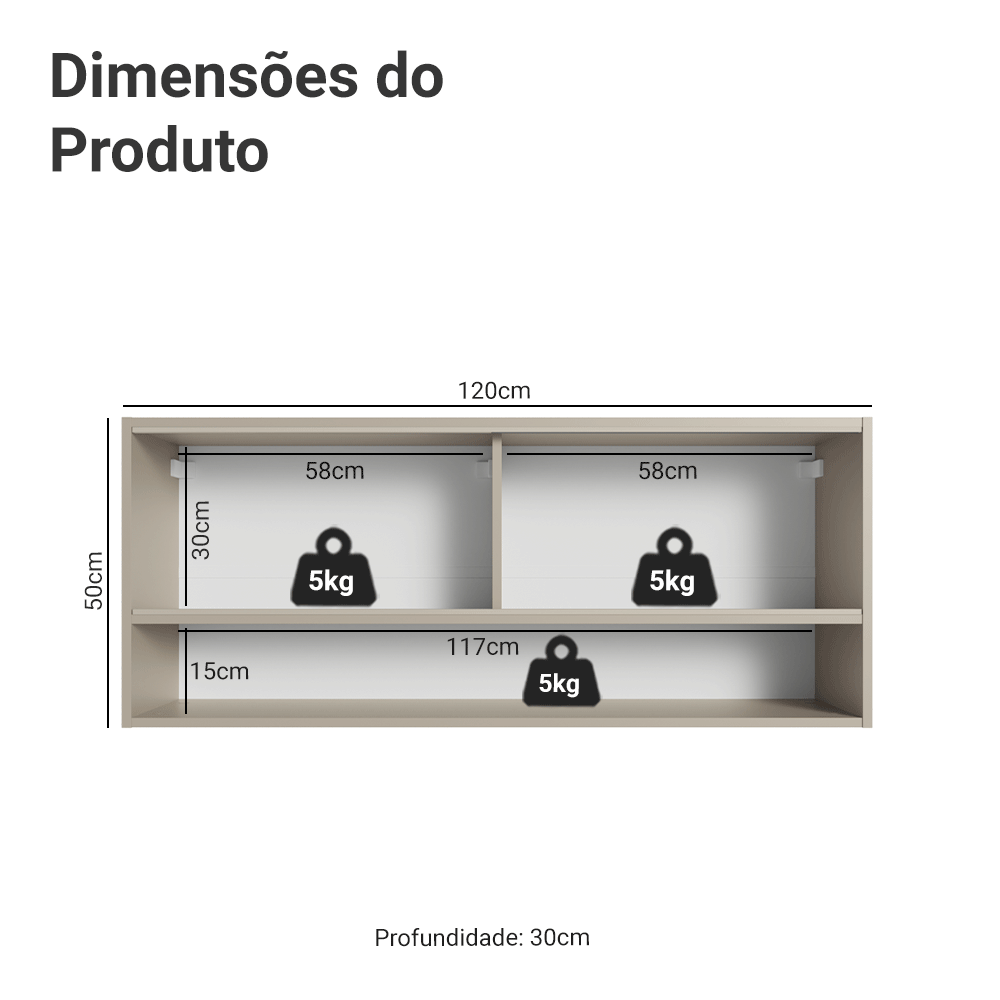 Armário Aéreo 2 Portas de Correr de Vidro Pontilhado e 1 Nicho Crema Nice Madesa - Crema