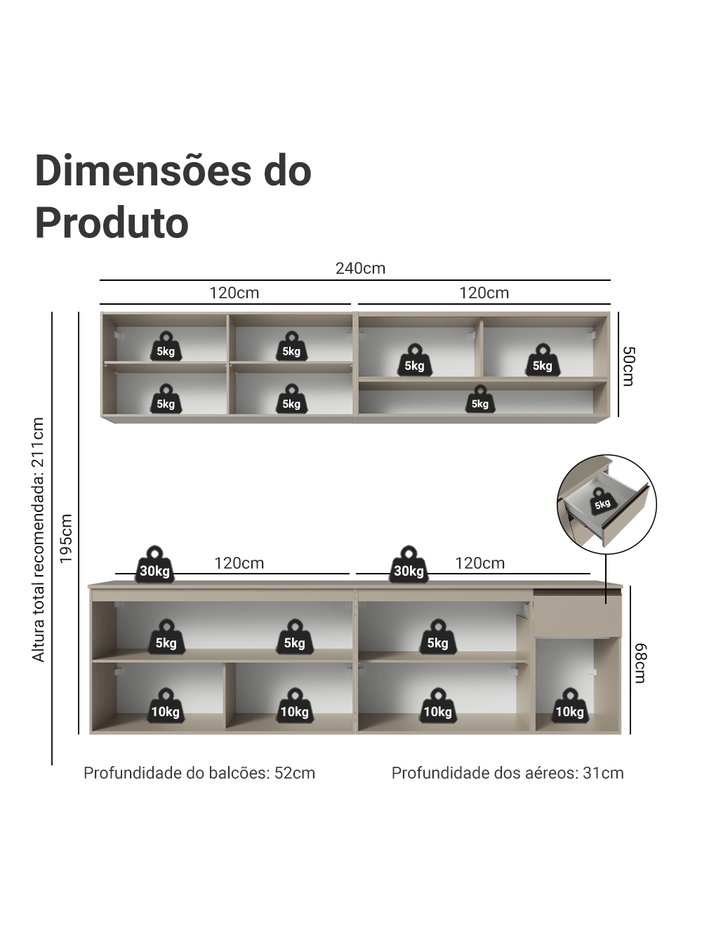 Armário de Cozinha Completa 240 cm Suspenso Crema Nice Madesa 05