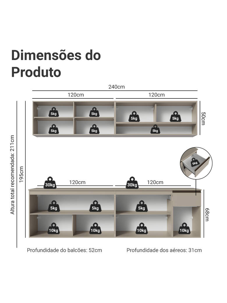 Armário de Cozinha Completa 240 cm Suspenso Crema Nice Madesa 05