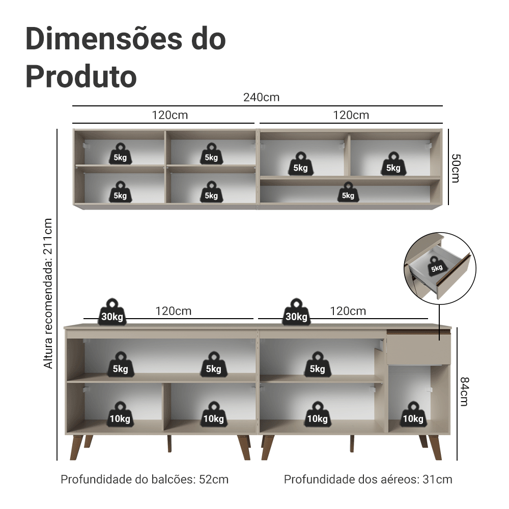 Armário de Cozinha Completa 240 cm Crema Nice Madesa 02