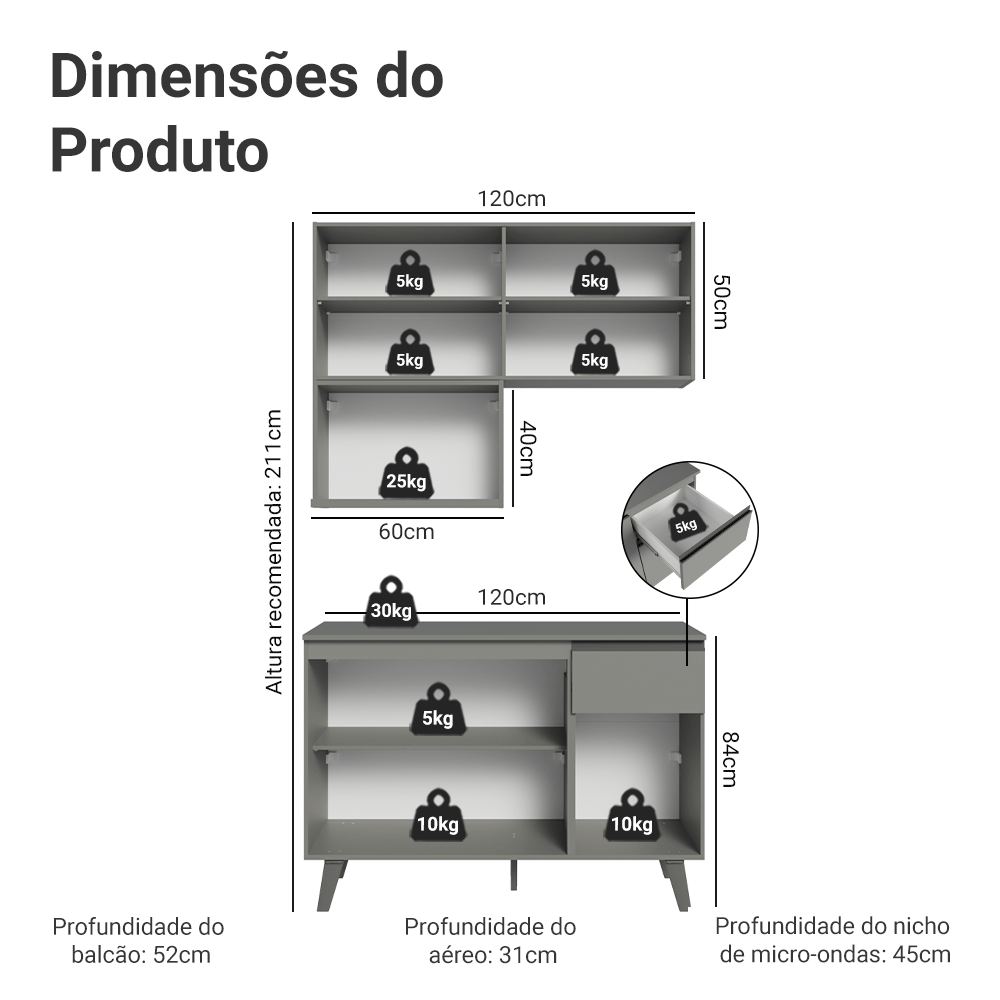 Armário de Cozinha Compacta 120 cm Cinza Nice Madesa 05
