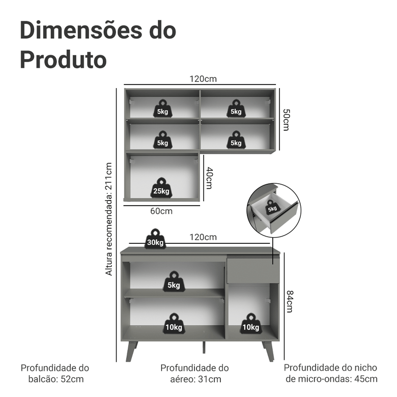 Armário de Cozinha Compacta 120 cm Cinza Nice Madesa 05