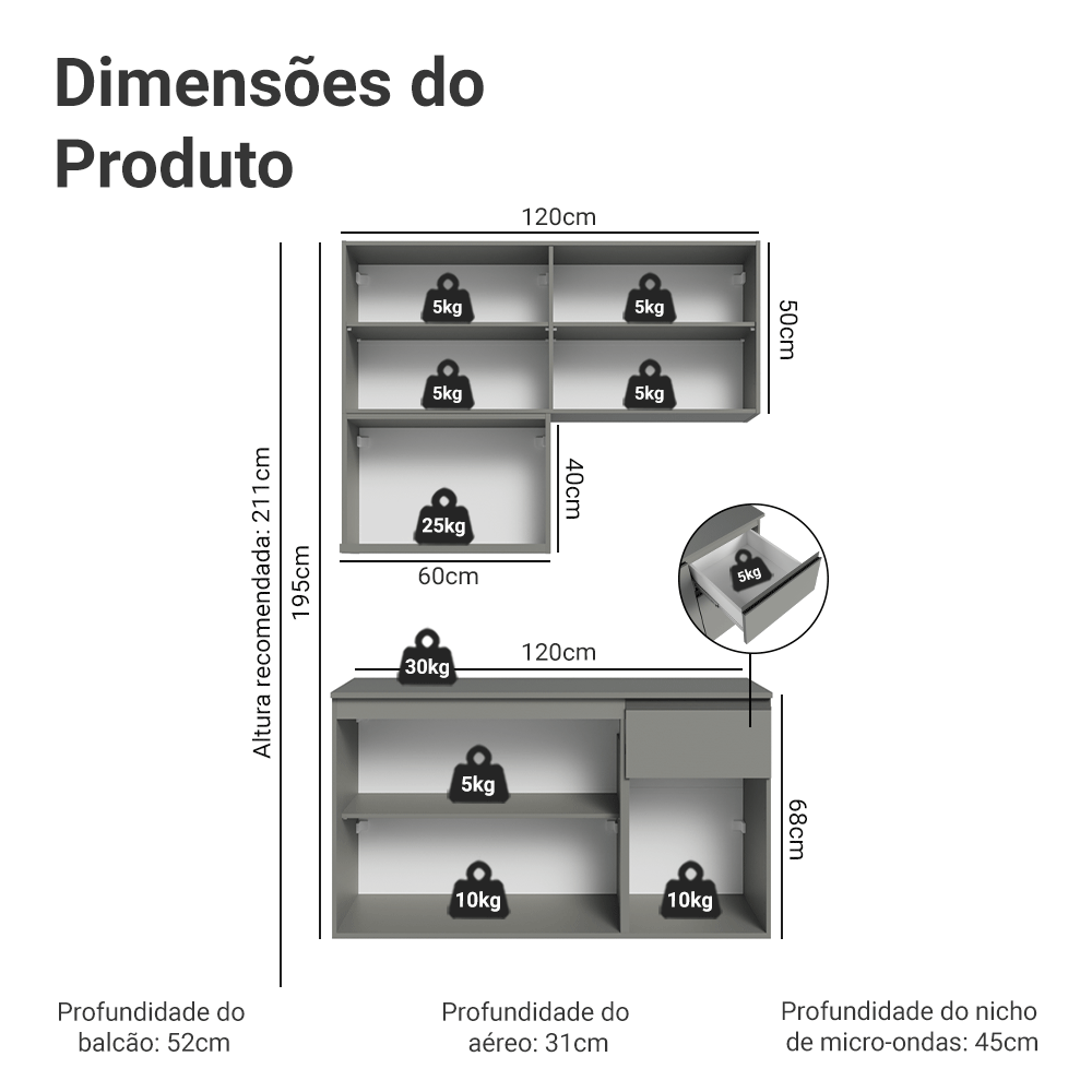 Armário de Cozinha Compacta 120 cm Suspensa Cinza Nice Madesa 06
