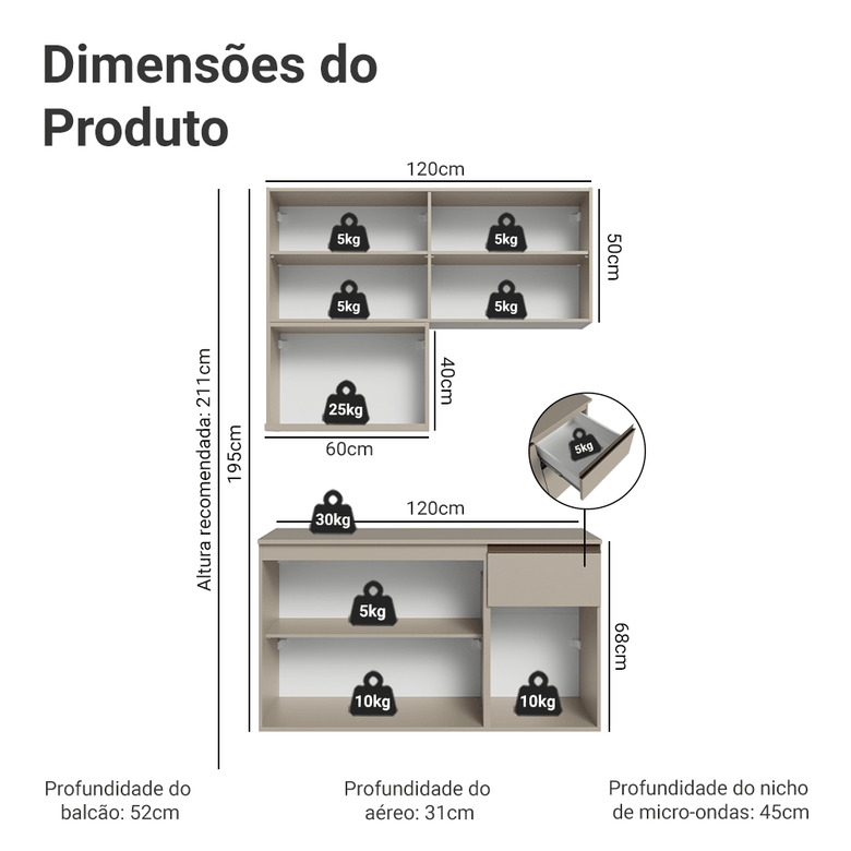 Armário de Cozinha Compacta 120 cm Suspensa Crema Nice Madesa 06
