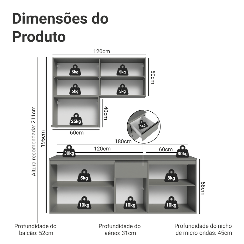 Armário de Cozinha Compacta 180 cm Suspensa Cinza Nice Madesa 03