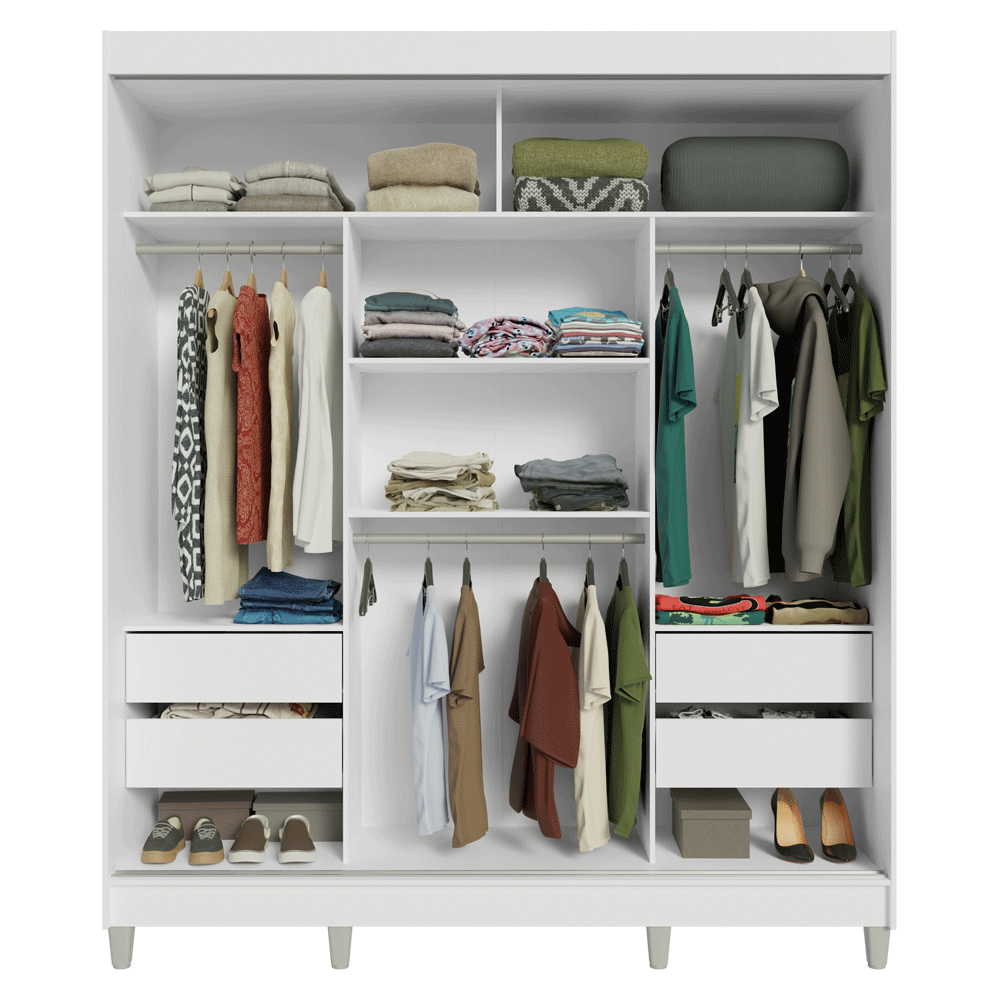 Guarda-Roupa Casal com Pés 3 Portas de Correr de Espelho Branco/Rustic Reno Madesa