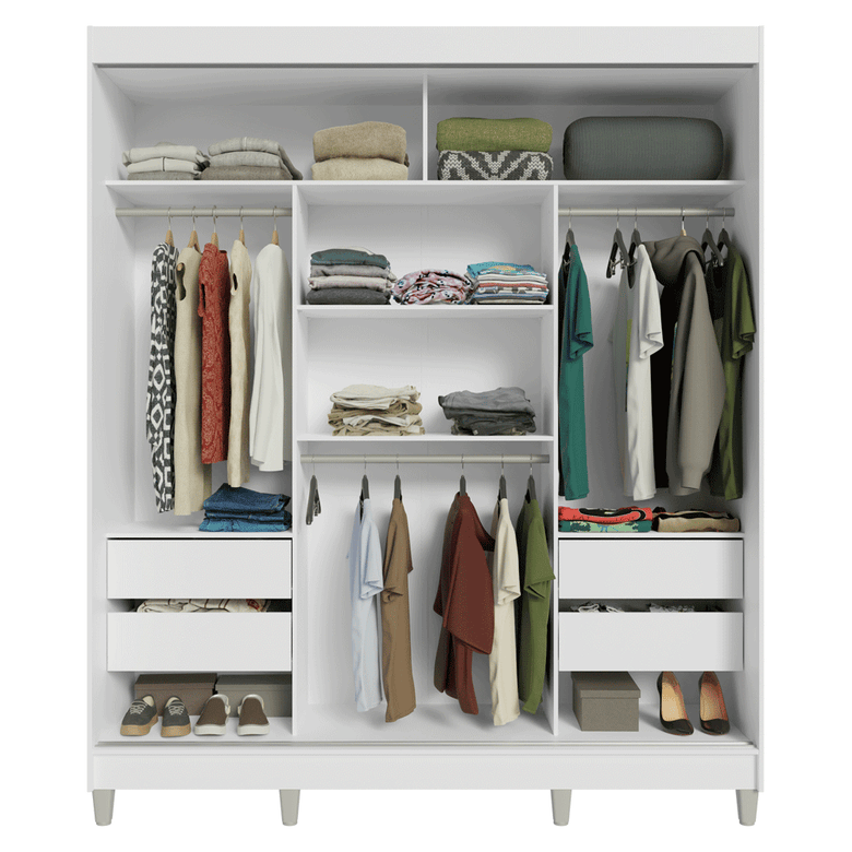 Guarda-Roupa Casal com Pés 3 Portas de Correr de Espelho Branco/Rustic Reno Madesa