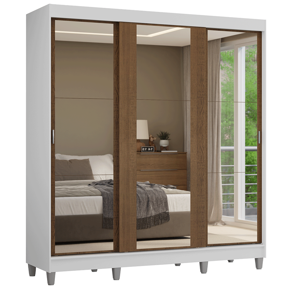 Guarda-Roupa Casal com Pés 3 Portas de Correr de Espelho Branco/Rustic Reno Madesa