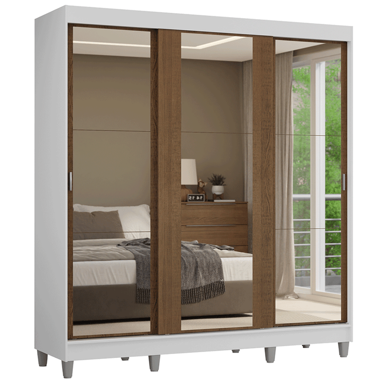 Guarda-Roupa Casal com Pés 3 Portas de Correr de Espelho Branco/Rustic Reno Madesa