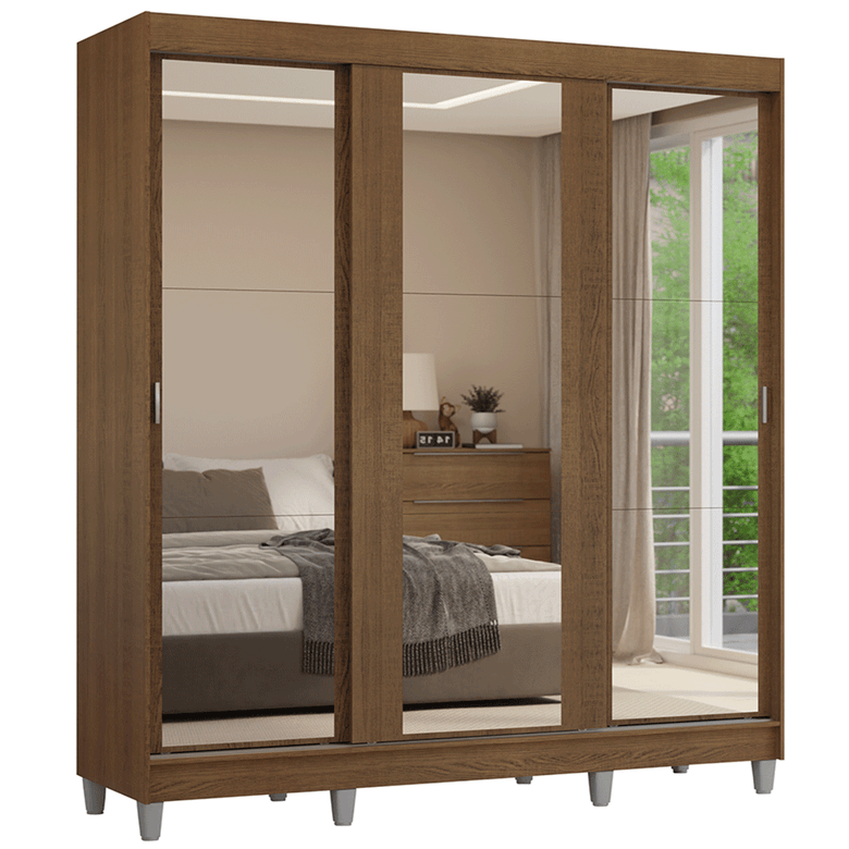 Guarda-Roupa Casal com Pés 3 Portas de Correr de Espelho Rustic Reno Madesa