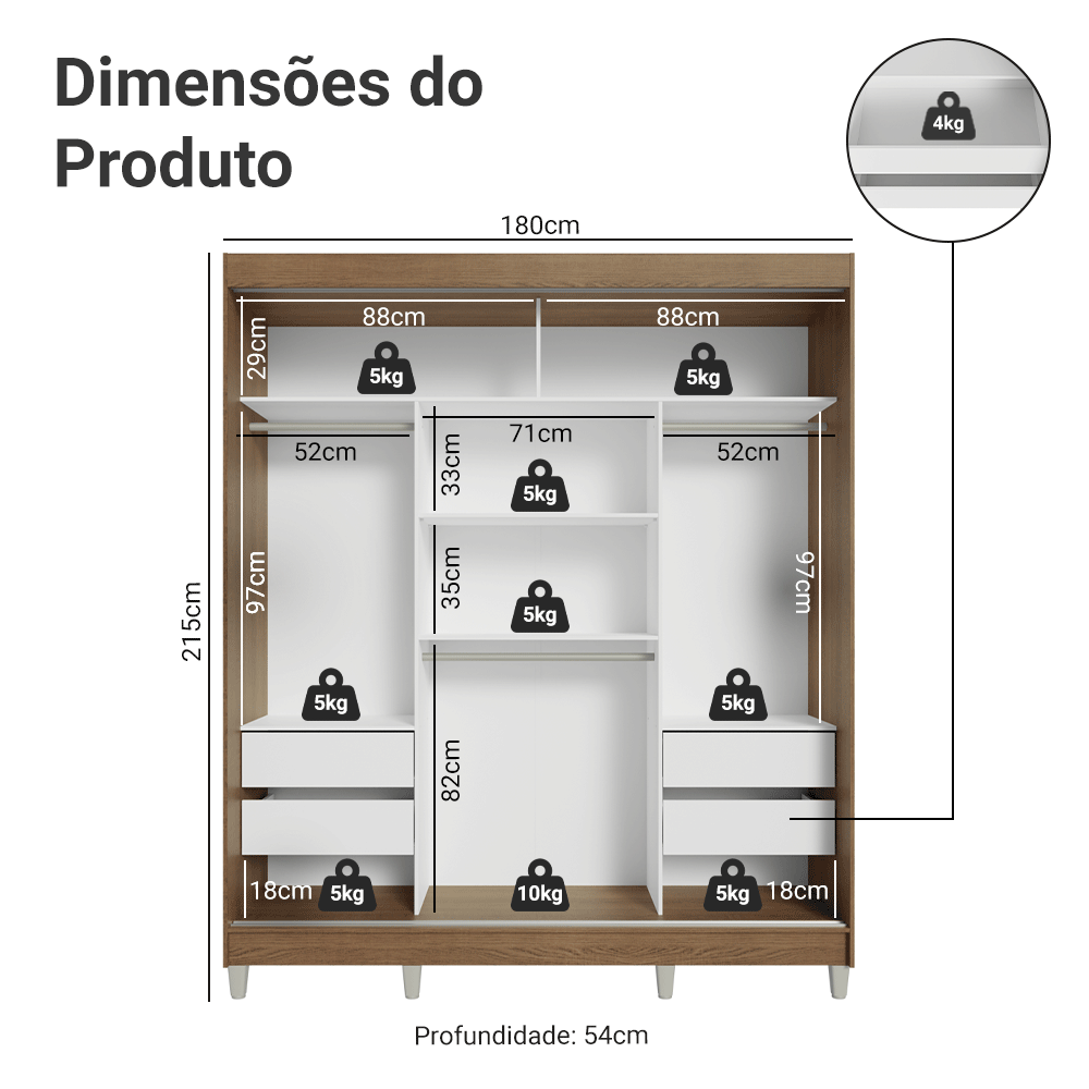 Guarda-Roupa Casal com Pés 3 Portas de Correr de Espelho Rustic Reno Madesa