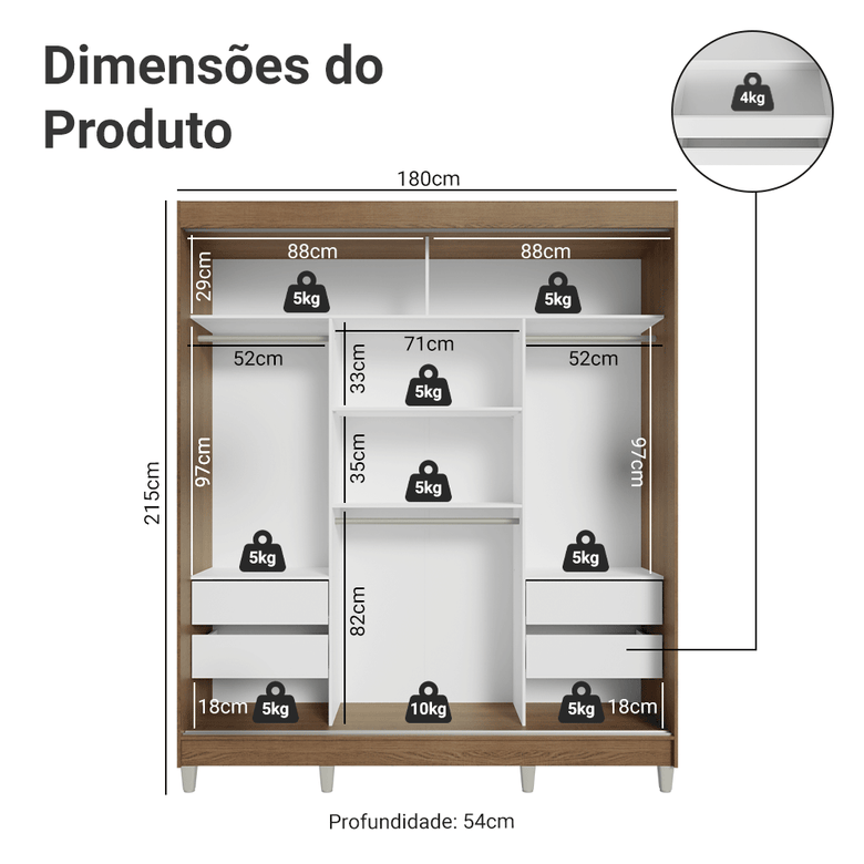 Guarda-Roupa Casal com Pés 3 Portas de Correr de Espelho Rustic Reno Madesa