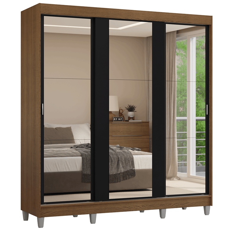 Guarda-Roupa Casal com Pés 3 Portas de Correr de Espelho Rustic/Preto Reno Madesa