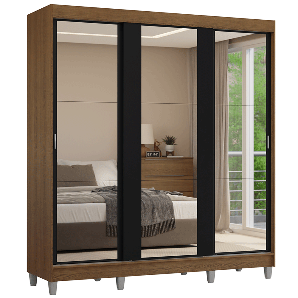 Guarda-Roupa Casal com Pés 3 Portas de Correr de Espelho Rustic/Preto Reno Madesa