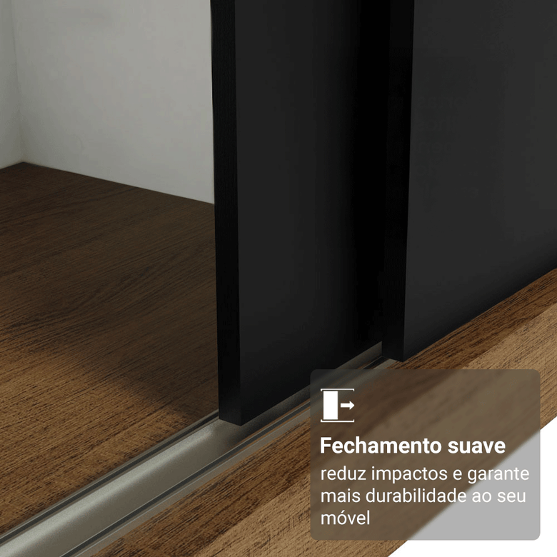 Guarda-Roupa Casal com Pés 3 Portas de Correr de Espelho Rustic/Preto Reno Madesa