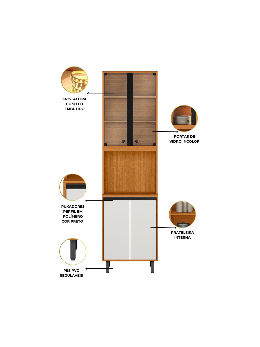 Cozinha Modulada Ravena 6 Peças 15 Portas com Paneleiro Duplo e Cristaleira Poliman Móveis