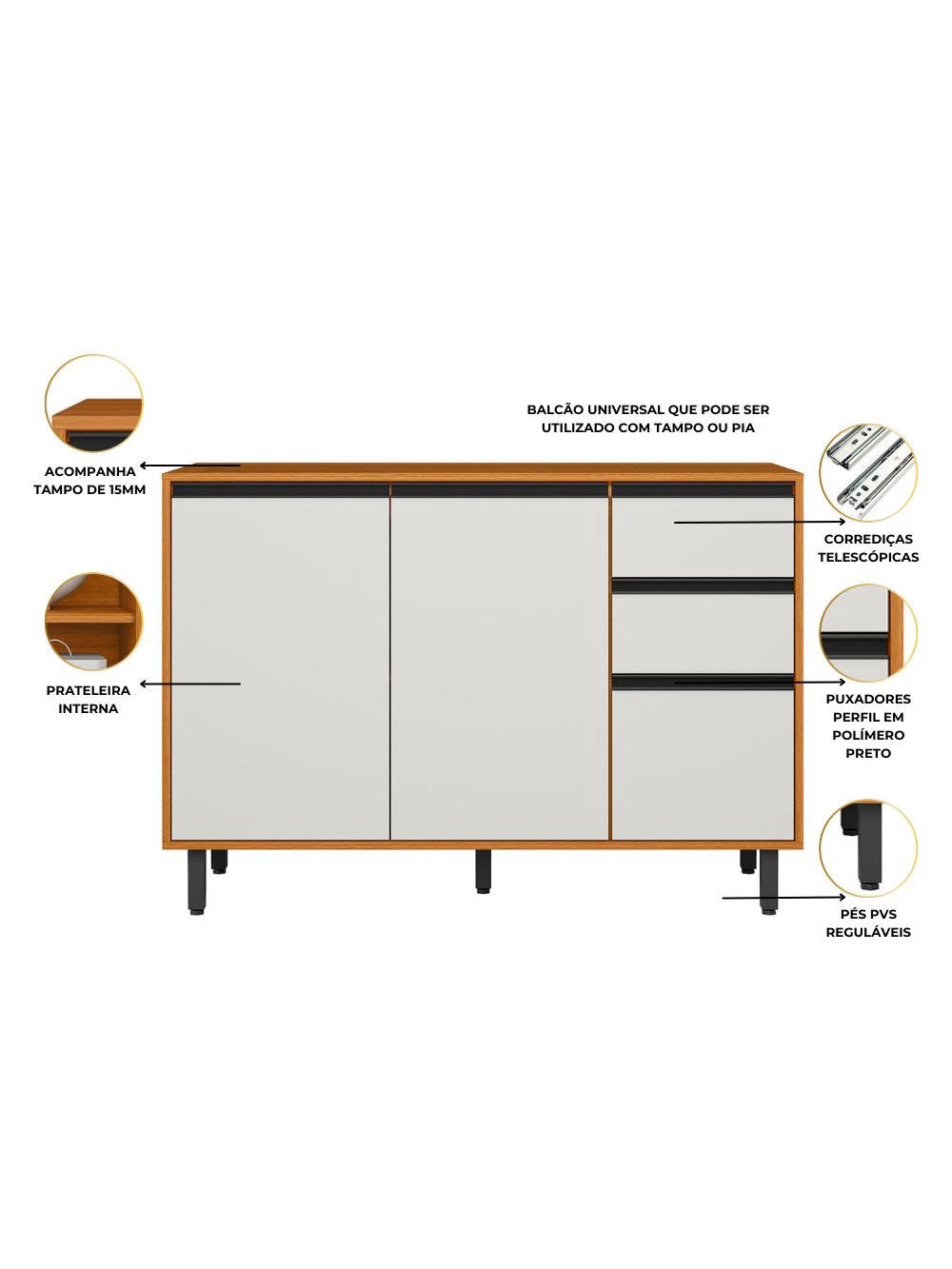 Cozinha Modulada Ravena 6 Peças 15 Portas com Paneleiro Duplo e Cristaleira Poliman Móveis
