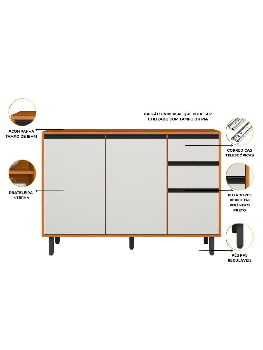 Cozinha Modulada Ravena 3 Peças 9 Portas com Cristaleira Poliman Móveis