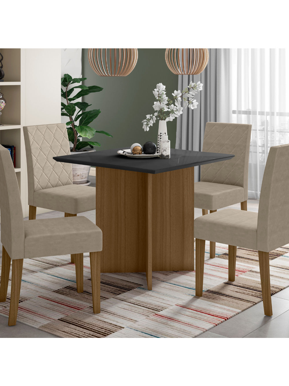 Sala de Jantar Helo 90x90 Com Vidro 4L Cadeiras Jade Poliman Móveis