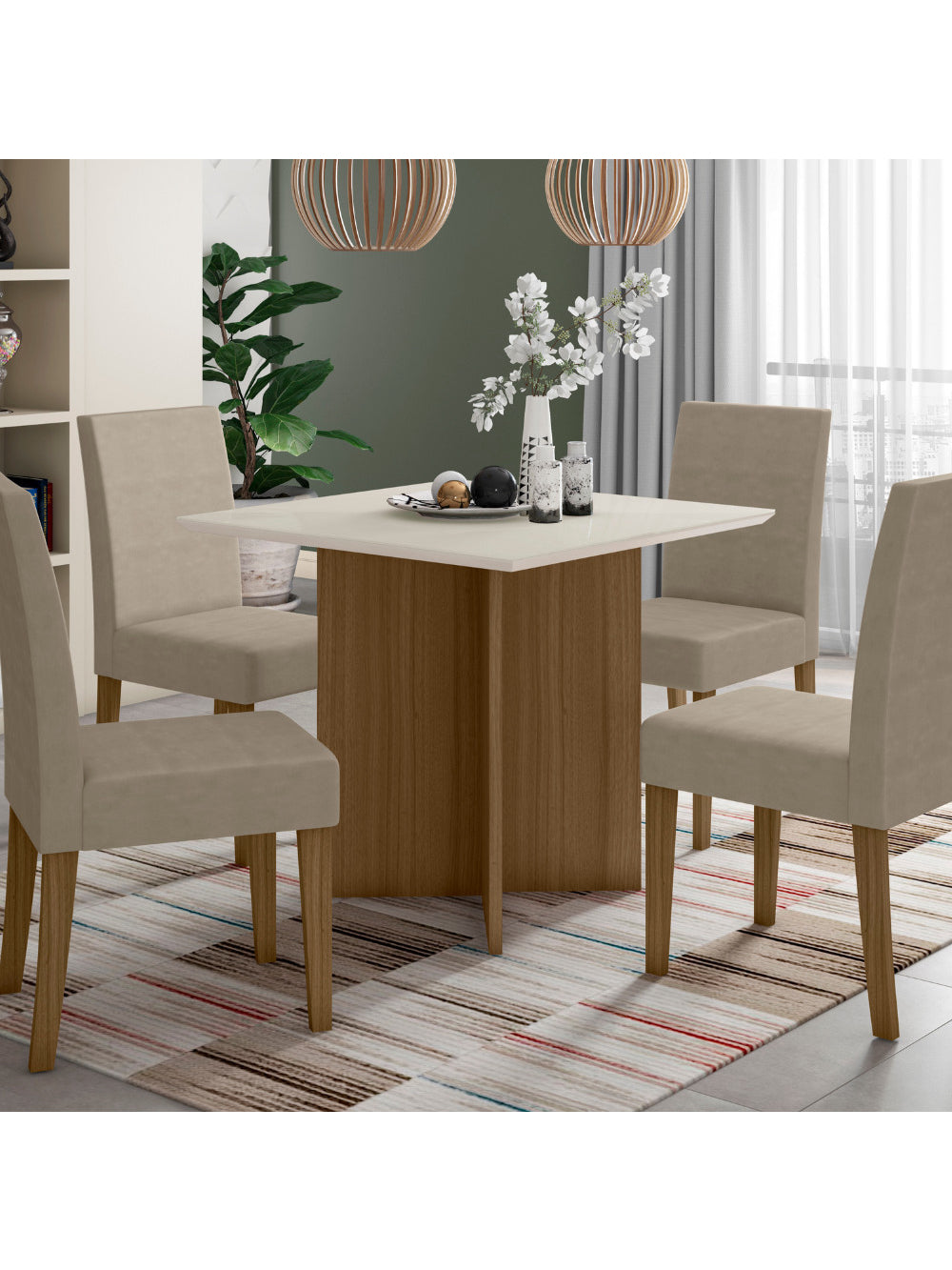 Sala de Jantar Helo 90x90 Com Vidro 4L Cadeiras Josi Poliman Móveis