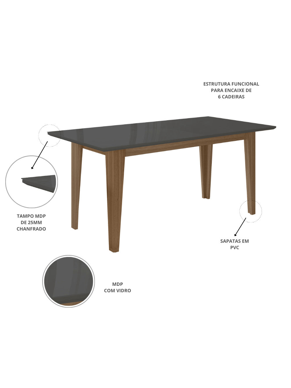 Sala de Jantar Liz 160x90 Com Vidro 6L Cadeiras Josi Poliman Móveis