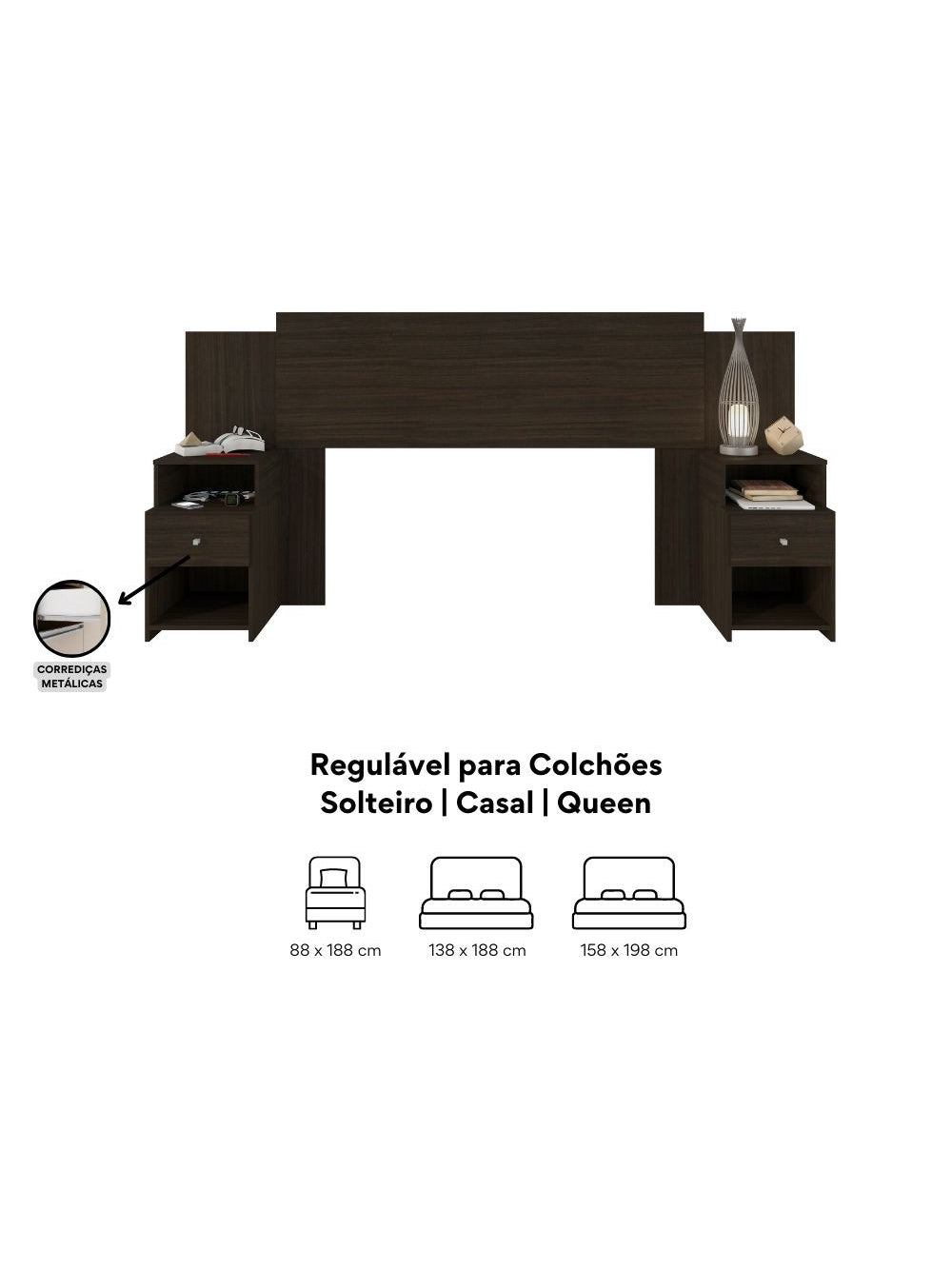 Cabeceira Extensível Cama Solteiro, Casal e Queen com Mesa de Cabeceira Maceió Poliman Móveis