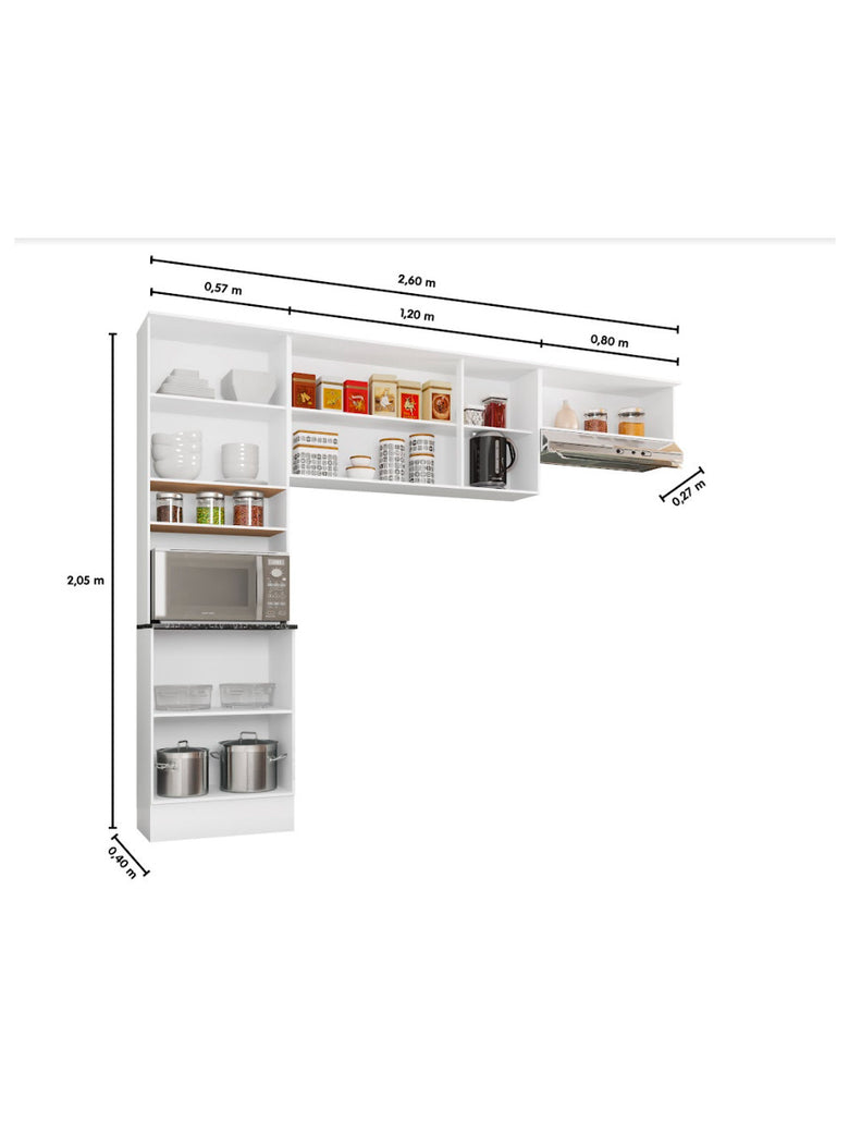 Cozinha Compacta Paneleiro e Aéreo 260 cm Paris Poliman
