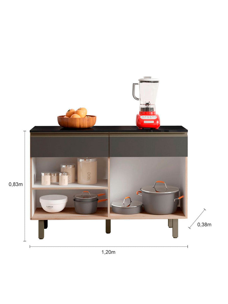 Balcão Cozinha com Tampo 120 cm 2 Portas 2 Gavetas Porto Poliman